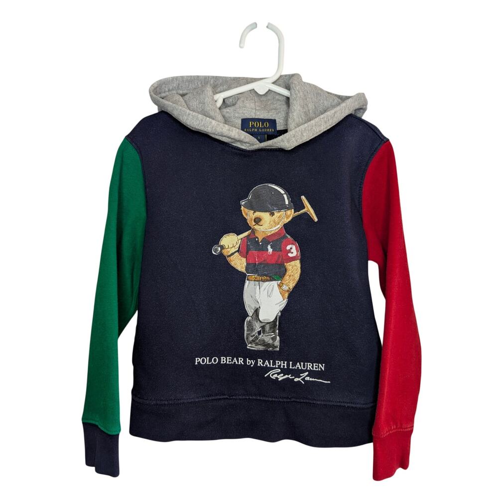 Polo Ralph Lauren Boys Tops, Polo Bear Tricolor Pocketed Sweatshirt Hoodie, Sz 5